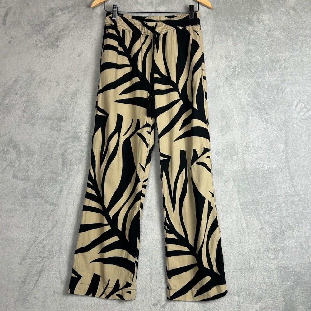 Joie Pants Wide Leg Tropical Leaf XS Tan Black Elastic Waist Tassel Drawstring